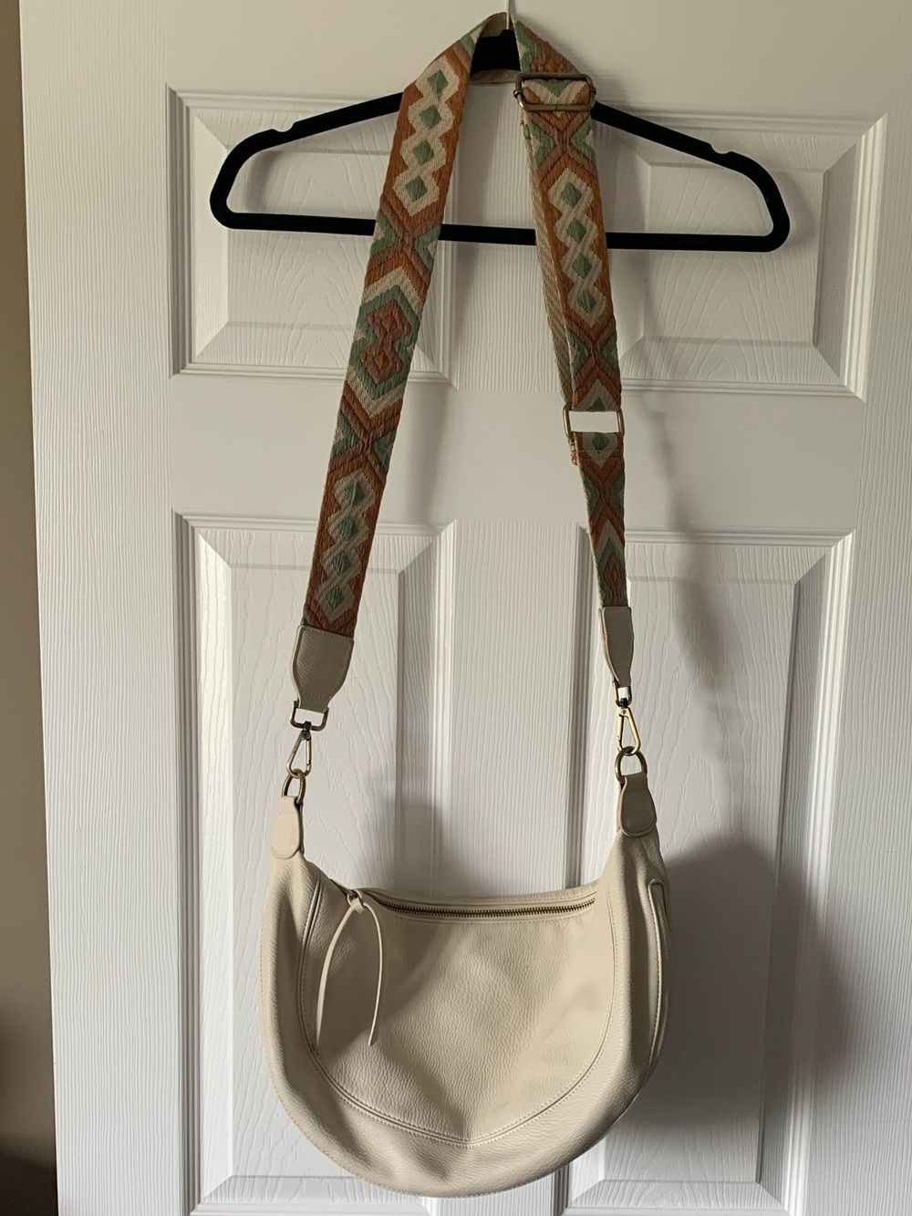 Anthropologie Cream Leather Crossbody Bag with Patterned Strap